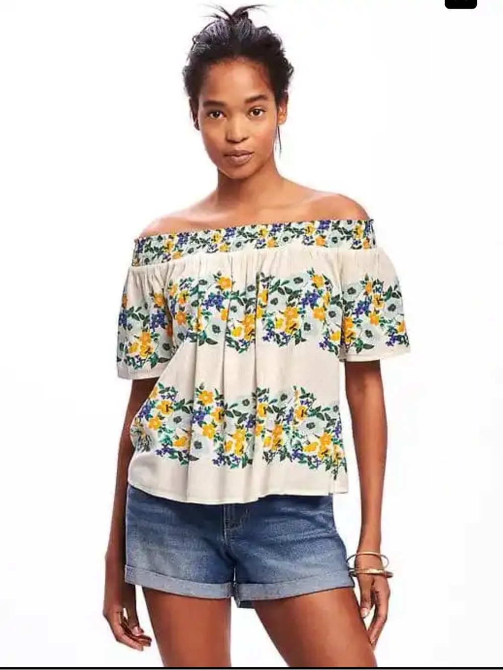 Old Navy Floral Off Shoulder Blouse smocked neckline short sleeve yellow LARGE
